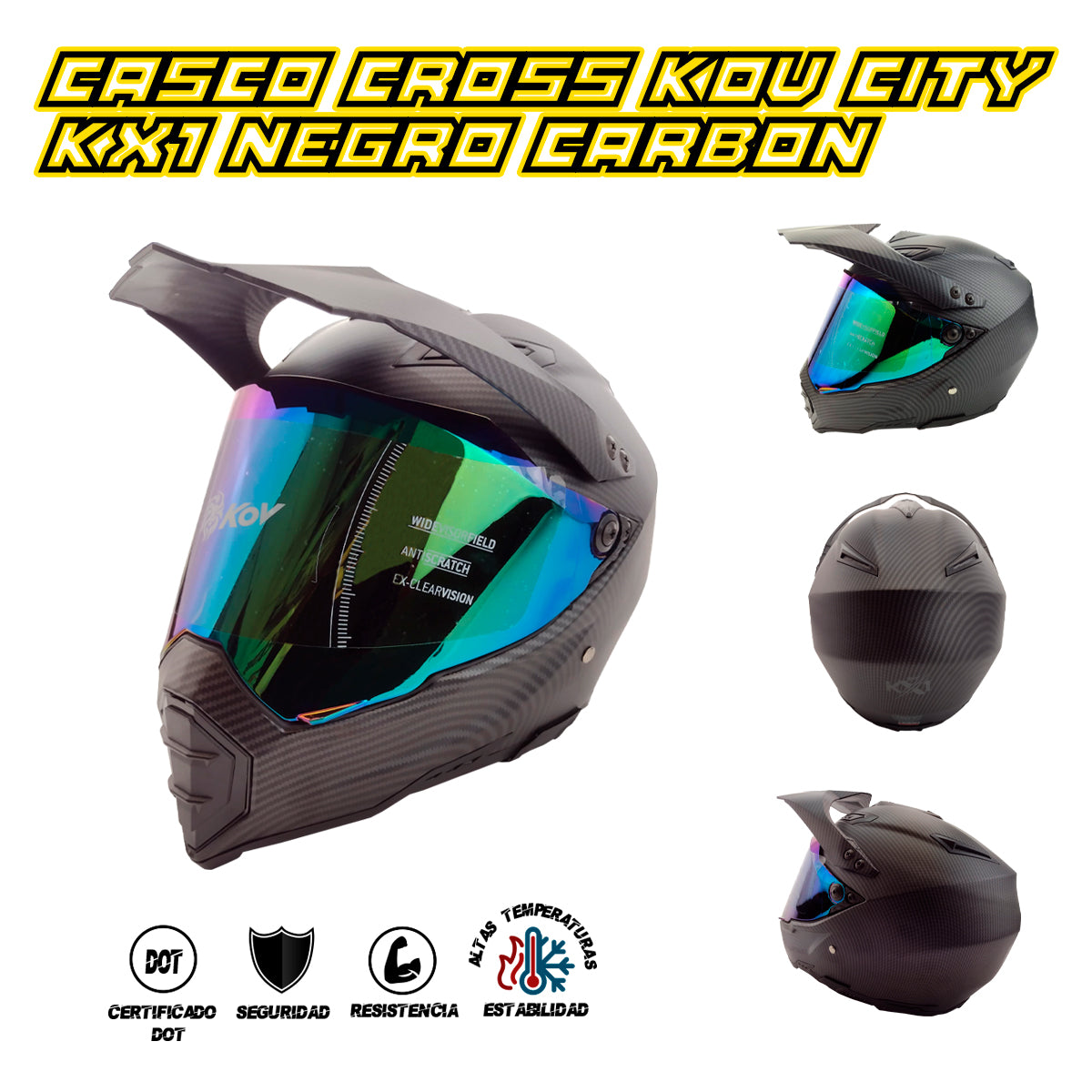 CASCO CROSS KOV PARA MOTO MODELO CITY KX1 CARBON TEXTURA MATE CON MICA TORNASOL